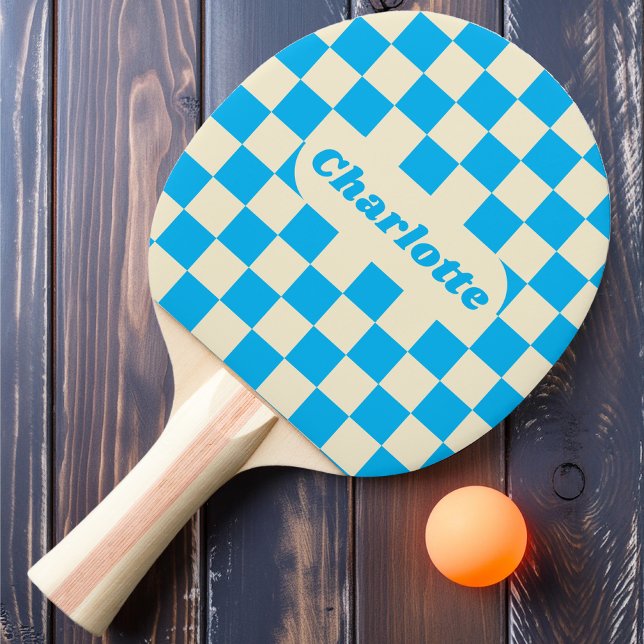 Blue & Cream Chequered with Name Ping Pong Paddle (Creator Uploaded)