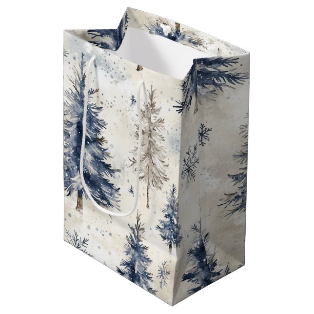 Blue Cream Christmas Snowflakes Medium Gift Bag (Front Angled)