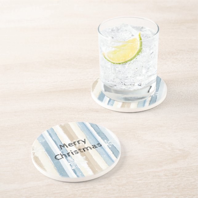 Blue Cream Christmas Stripes Snowflakes Coaster (Side)