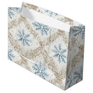 Blue Cream Christmas Stripes Snowflakes Large Gift Bag