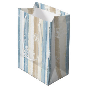 Blue Cream Christmas Stripes Snowflakes Medium Gift Bag
