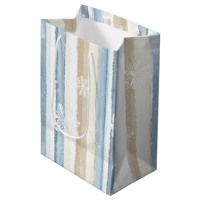 Blue Cream Christmas Stripes Snowflakes Medium Gift Bag (Front Angled)