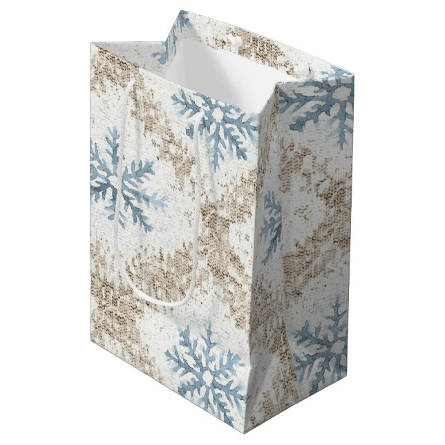 Blue Cream Christmas Stripes Snowflakes Medium Gift Bag (Front Angled)