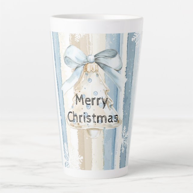 Blue Cream Christmas Stripes Snowflakes Ornament Latte Mug (Front)