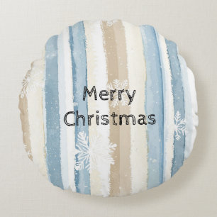 Blue Cream Christmas Stripes Snowflakes Round Cushion