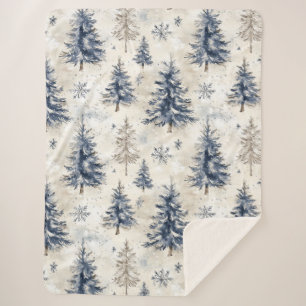 Blue Cream Christmas Trees Snowflakes Sherpa Blanket