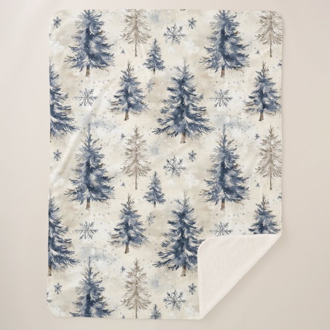 Blue Cream Christmas Trees Snowflakes Sherpa Blanket (Front)