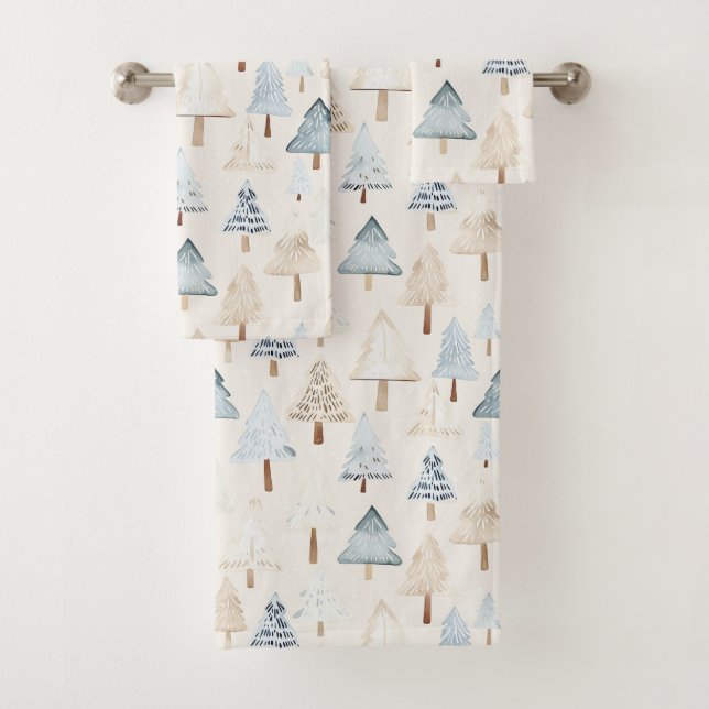 Blue Cream Cosy Christmas Trees Bath Towel Set (Insitu)