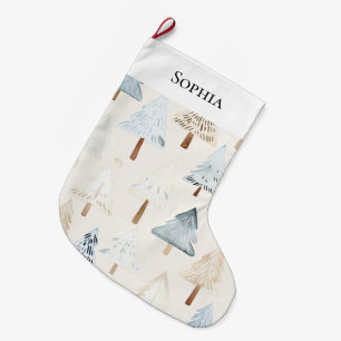 Blue Cream Cozy Christmas Trees Large Christmas Stocking