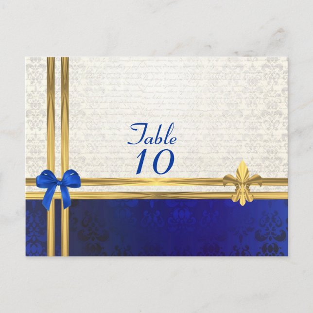 Blue cream damask table number postcard (Front)