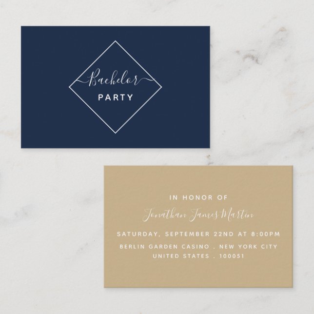 Blue & Cream Diamond Bachelor Party Ticket Invite (Front/Back)