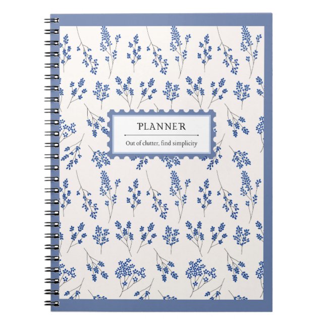 Blue Cream Elegant Floral Pattern Planner Organise Notebook (Front)