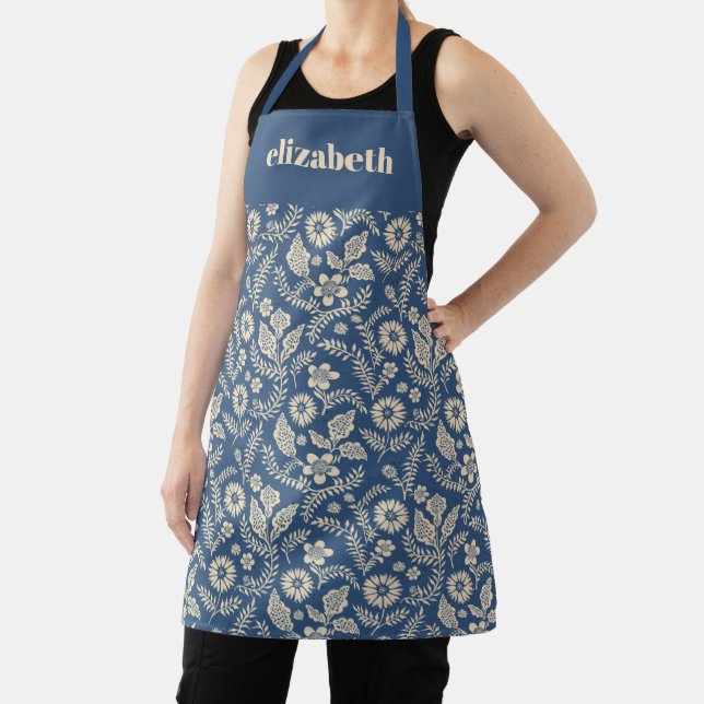 Blue Cream Floral Botanical Custom Name Boho Bold  Apron (Insitu)