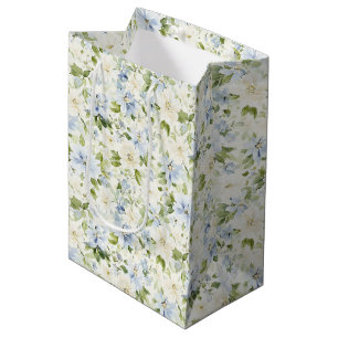 Blue Cream Floral Bridal Shower   Medium Gift Bag