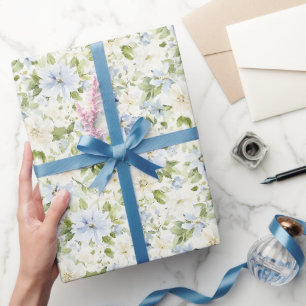 Blue Cream Floral Bridal Shower Wrapping Paper