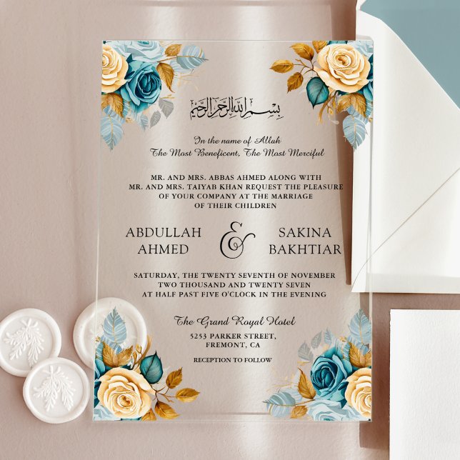Blue Cream Floral Gold Muslim Wedding Acrylic Invitations (Creator Uploaded)