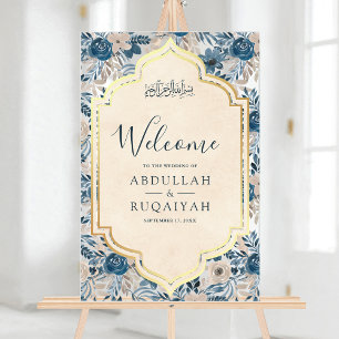 Blue Cream Floral Gold Muslim Wedding Welcome Acrylic Sign