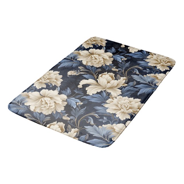 Blue Cream Floral Modern Bath Mat (Angled)
