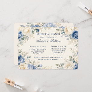 Blue & Cream Floral Rehearsal Dinner Invitation