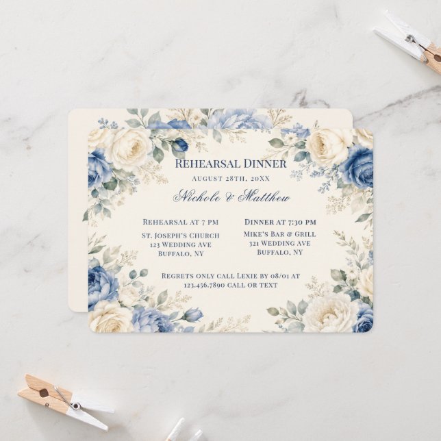 Blue & Cream Floral Rehearsal Dinner Invitation (Front/Back In Situ)