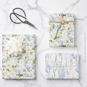 Blue Cream Floral Wedding Wrapping Paper Sheet