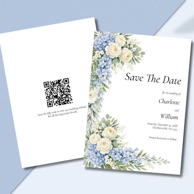 Blue Cream Florals Wedding Save The Date QR Code Invitation (Blue cream white watercolor florals Wedding Save the date Card with QR code on back)
