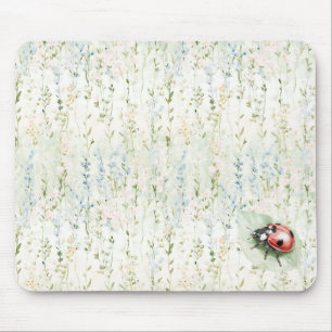 Blue Cream Flowers Ladybug Mouse Pad