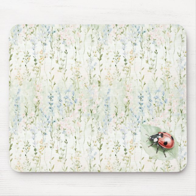 Blue Cream Flowers Ladybug Mouse Pad (Front)