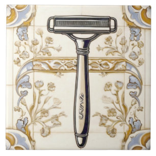 Blue Cream & Gold Shaving Razor Shaver Bathroom Tile