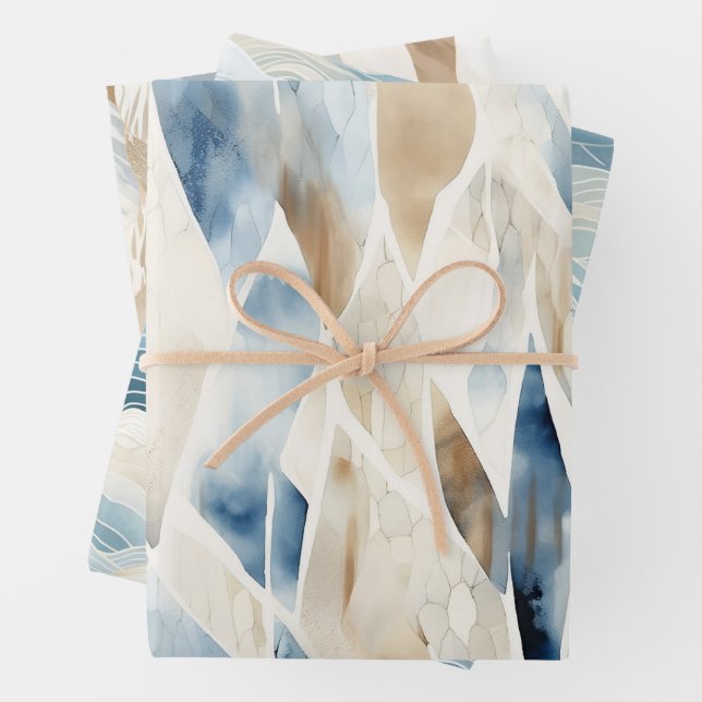Blue Cream Ivory Abstract Beach  Wrapping Paper Sheet (In situ)