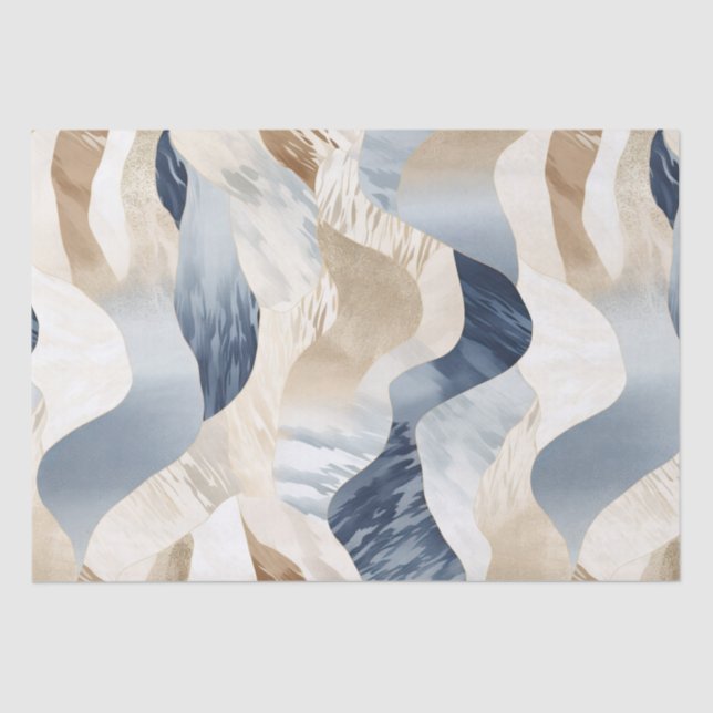Blue Cream Ivory Abstract Waves Beach  Tissue Paper (Front)