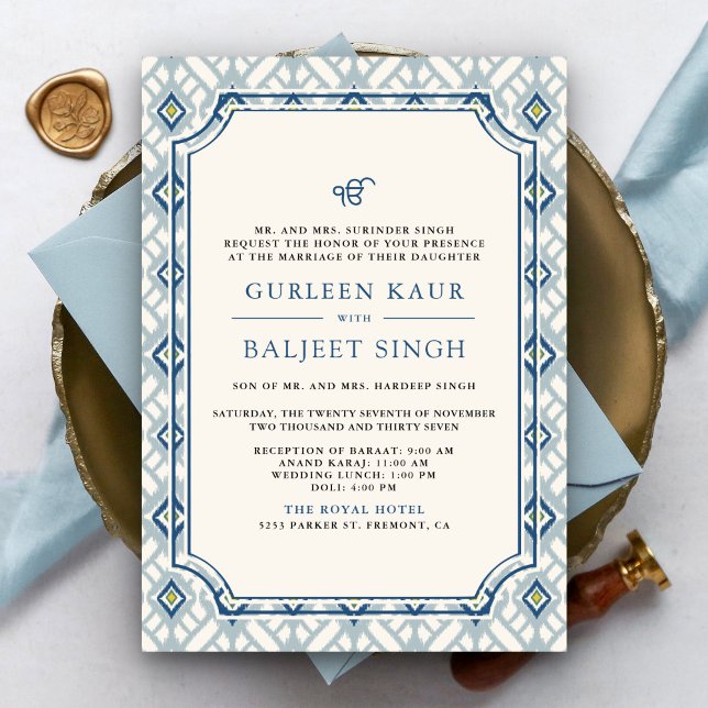Blue Cream Ivory Ikat Anand Karaj Sikh Wedding Invitation (Creator Uploaded)