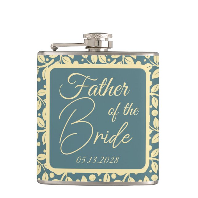 Blue & Cream Leaf Pattern Father of the Bride Hip Flask (Front)