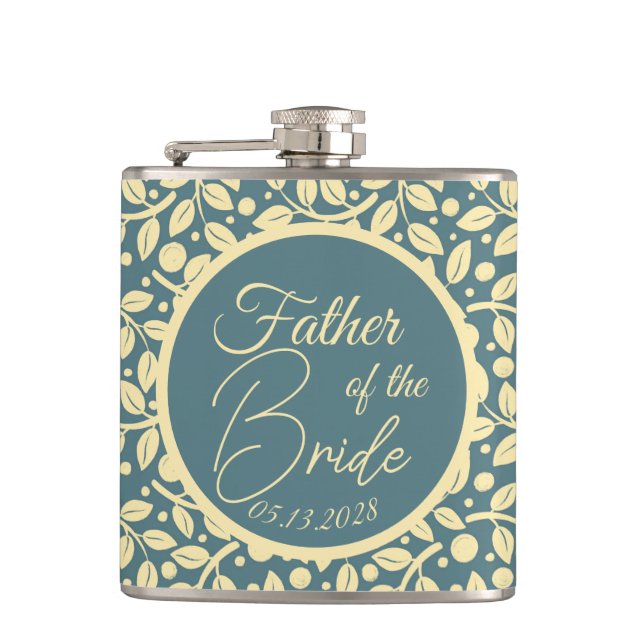 Blue & Cream Leaf Pattern Father of the Bride Hip Flask (Front)