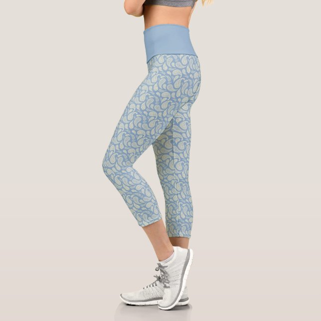 Blue-Cream Paisley Pattern High Waisted Capris (Left)
