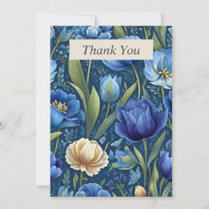 Blue & Cream Pencil Drawn Flowers Thank You Card