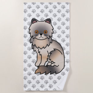 Blue Cream Persian Cute Cartoon Cat & Paws Beach Towel