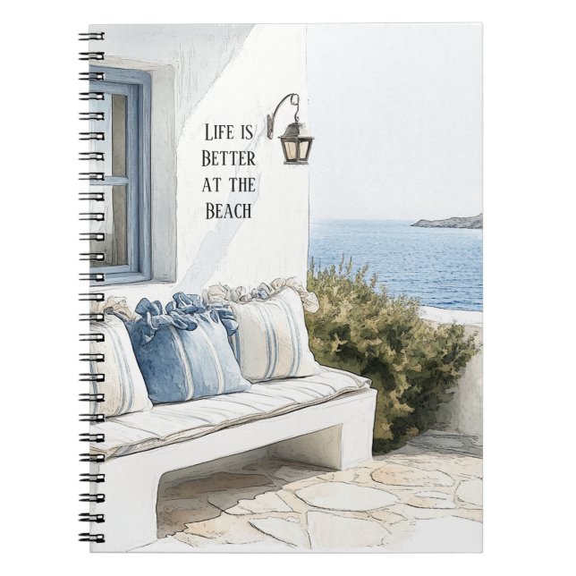 Blue Cream Pillows Bench Ocean View Notebook (Front)