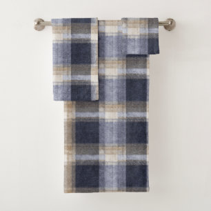 Blue Cream Plaid Stripes Bath Towel Set