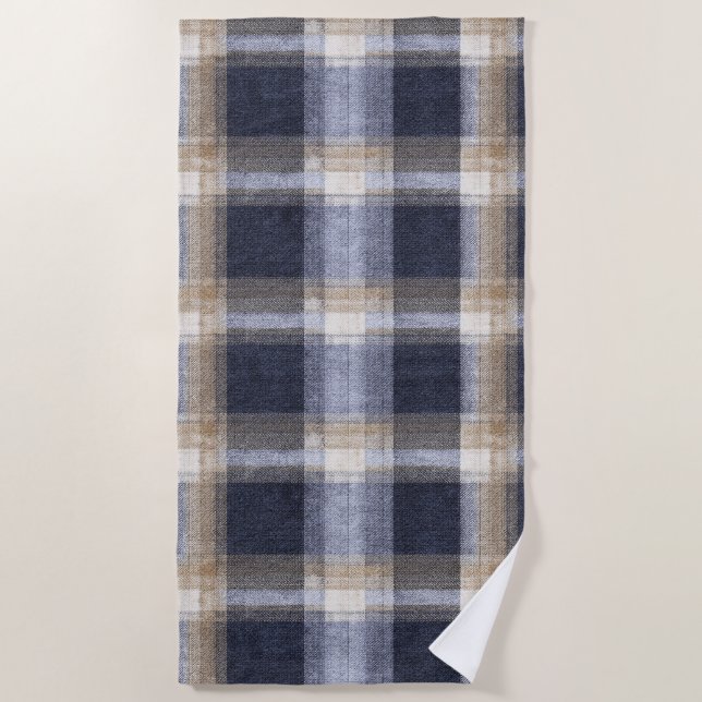 Blue Cream Plaid Stripes Beach Towel (Front)