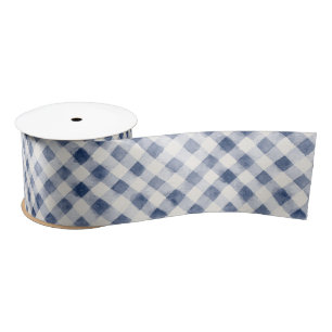 Blue Cream Plaid Stripes Satin Ribbon