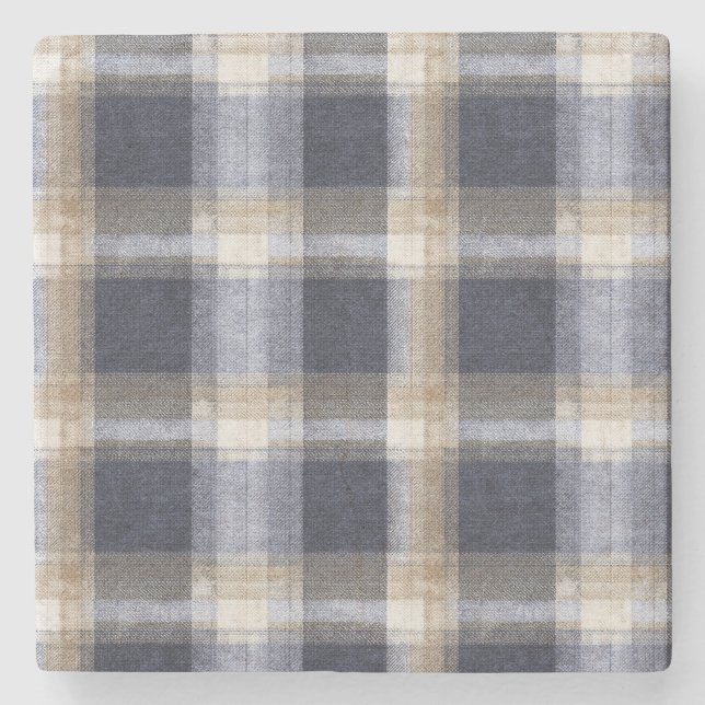 Blue Cream Plaid Stripes Stone Coaster (Front)
