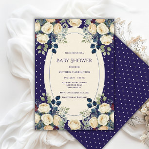 Blue & Cream Polkadot Floral Elegant Baby Shower Invitation