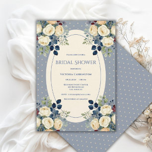 Blue & Cream Polkadot Floral Elegant Bridal Shower Invitation