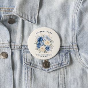 Blue & Cream Rose Floral Bridal Shower 7.5 Cm Round Badge