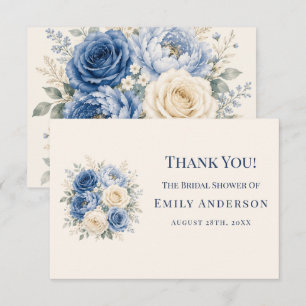 Blue & Cream Rose Floral Bridal Shower Thank You Card