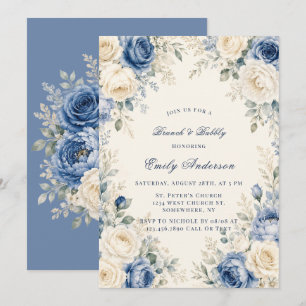 Blue & Cream Rose Floral Brunch and Bubbly Invitation