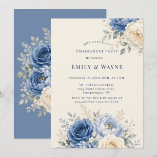 Blue & Cream Rose Floral Engagement Party Invitation
