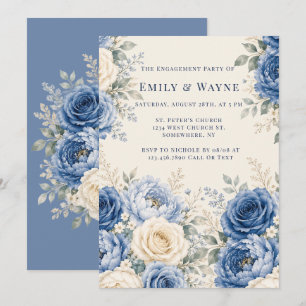 Blue & Cream Rose Floral Engagement Party Invitation