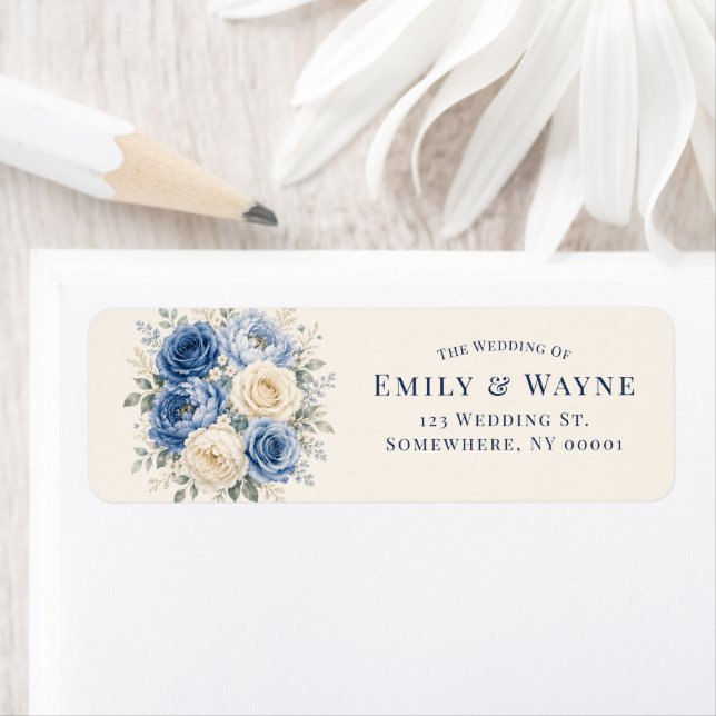 Blue & Cream Rose Floral Wedding Address (Insitu)
